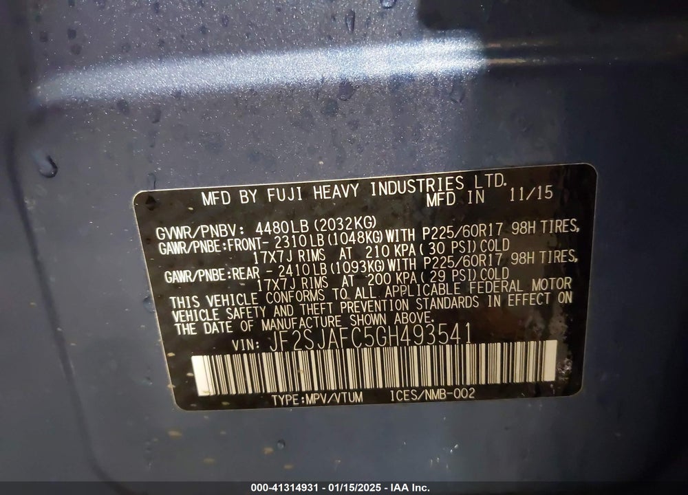 2016 SUBARU FORESTER 2.5I PREMIUM VIN: JF2SJAFC5GH493541
