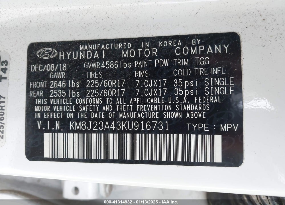 2019 HYUNDAI TUCSON SE VIN: KM8J23A43KU916731