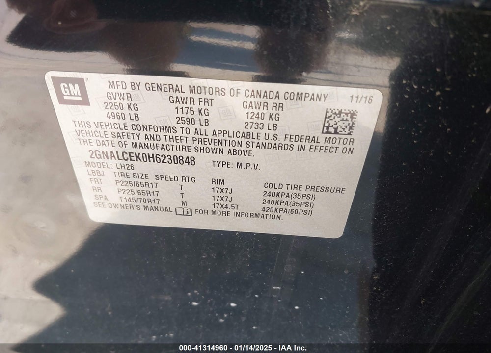2017 CHEVROLET EQUINOX LT VIN: 2GNALCEK0H6230848