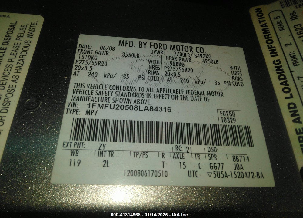 2008 FORD EXPEDITION LIMITED VIN: 1FMFU20508LA84316