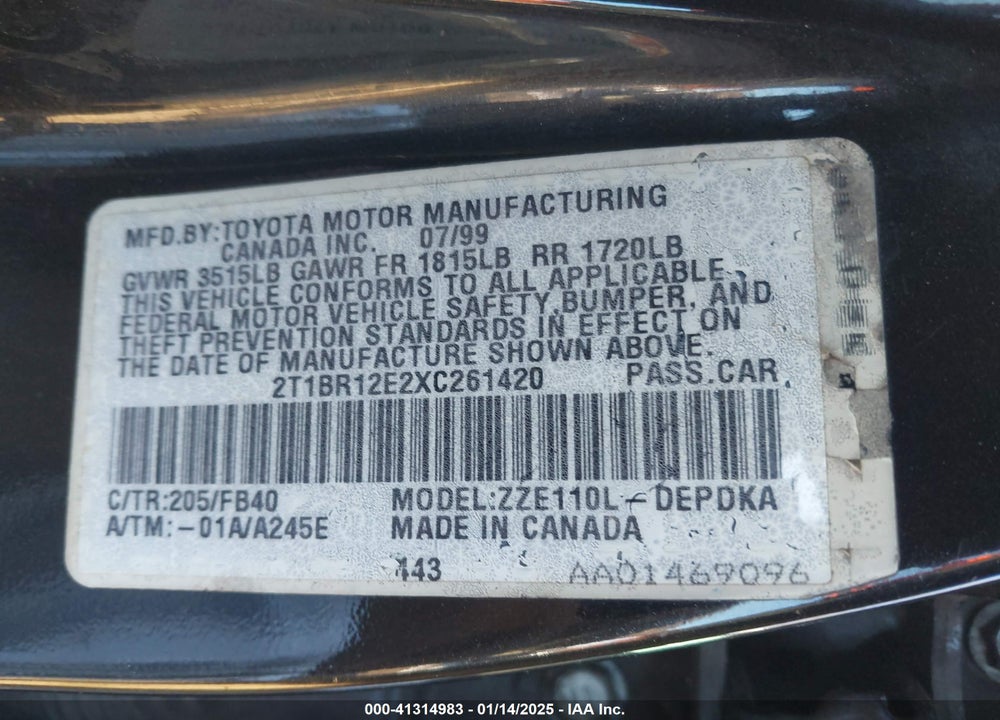 1999 TOYOTA COROLLA CE VIN: 2T1BR12E2XC261420