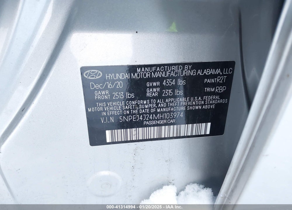 2021 HYUNDAI SONATA VIN: 5NPEJ4J24MH103974
