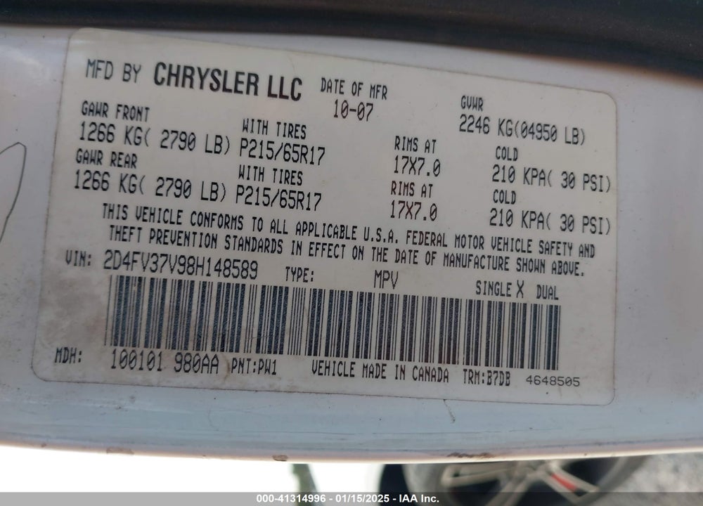 2008 DODGE MAGNUM VIN: 2D4FV37V98H148589