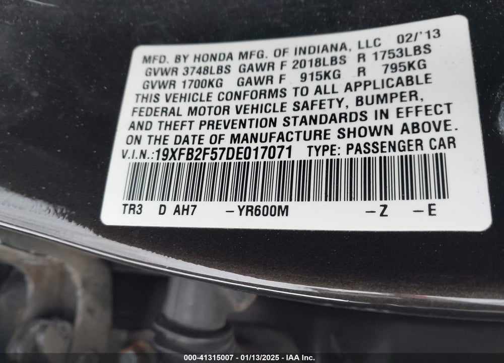 2013 HONDA CIVIC VIN: 19XFB2F57DE017071