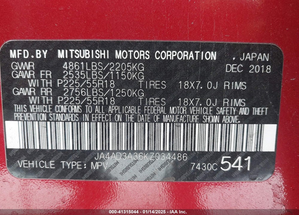 2019 MITSUBISHI OUTLANDER VIN: JA4AD3A36KZ034486