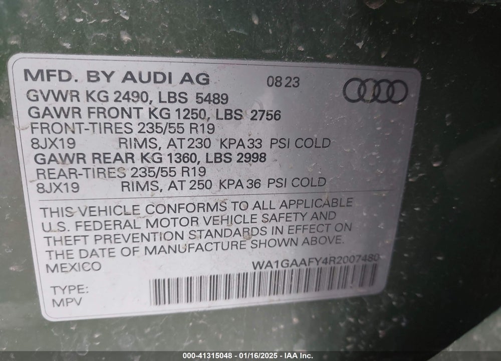 2024 AUDI Q5 PREMIUM 45 TFSI S LINE QUATTRO VIN: WA1GAAFY4R2007480
