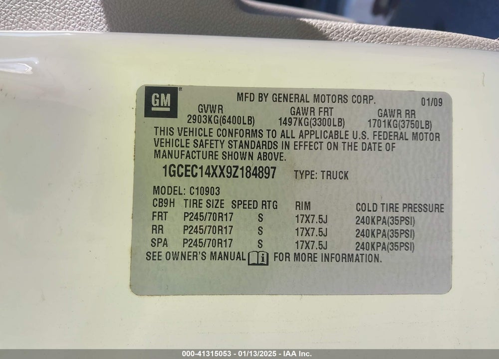 2009 CHEVROLET SILVERADO 1500 VIN: 1GCEC14XX9Z184897