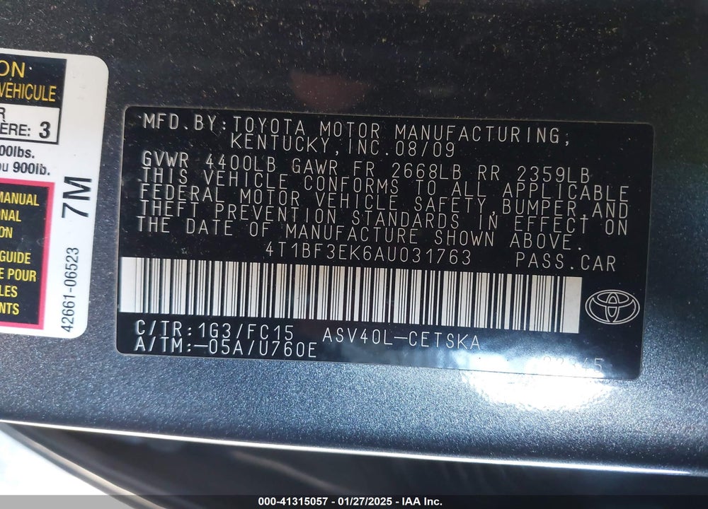 2010 TOYOTA CAMRY SE VIN: 4T1BF3EK6AU031763