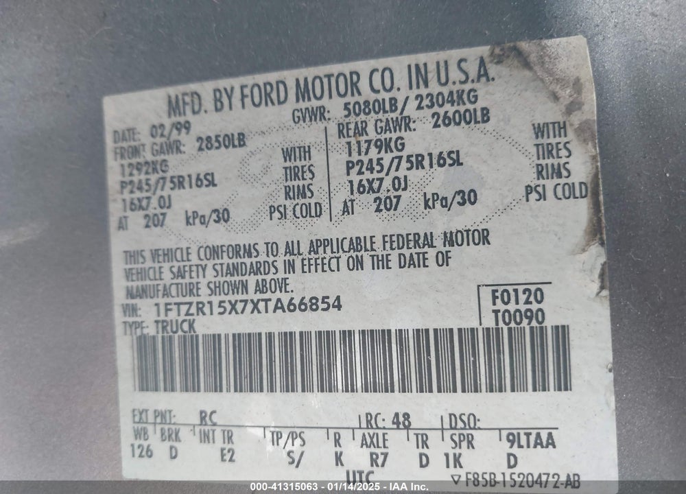1999 FORD RANGER XLT VIN: 1FTZR15X7XTA66854