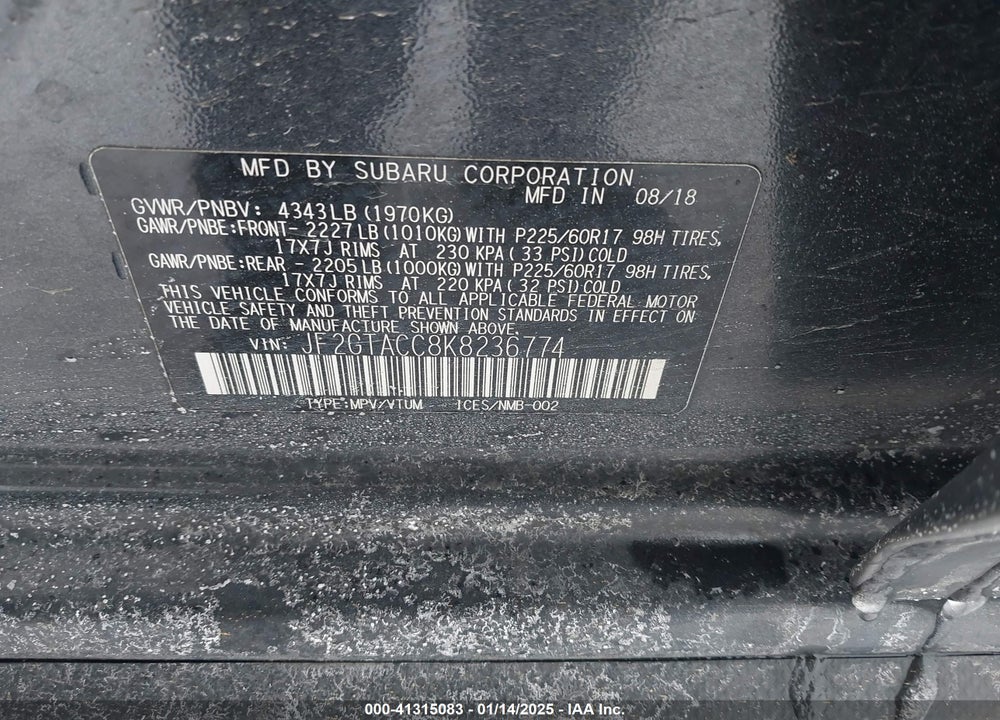 2019 SUBARU CROSSTREK 2.0I PREMIUM VIN: JF2GTACC8K8236774