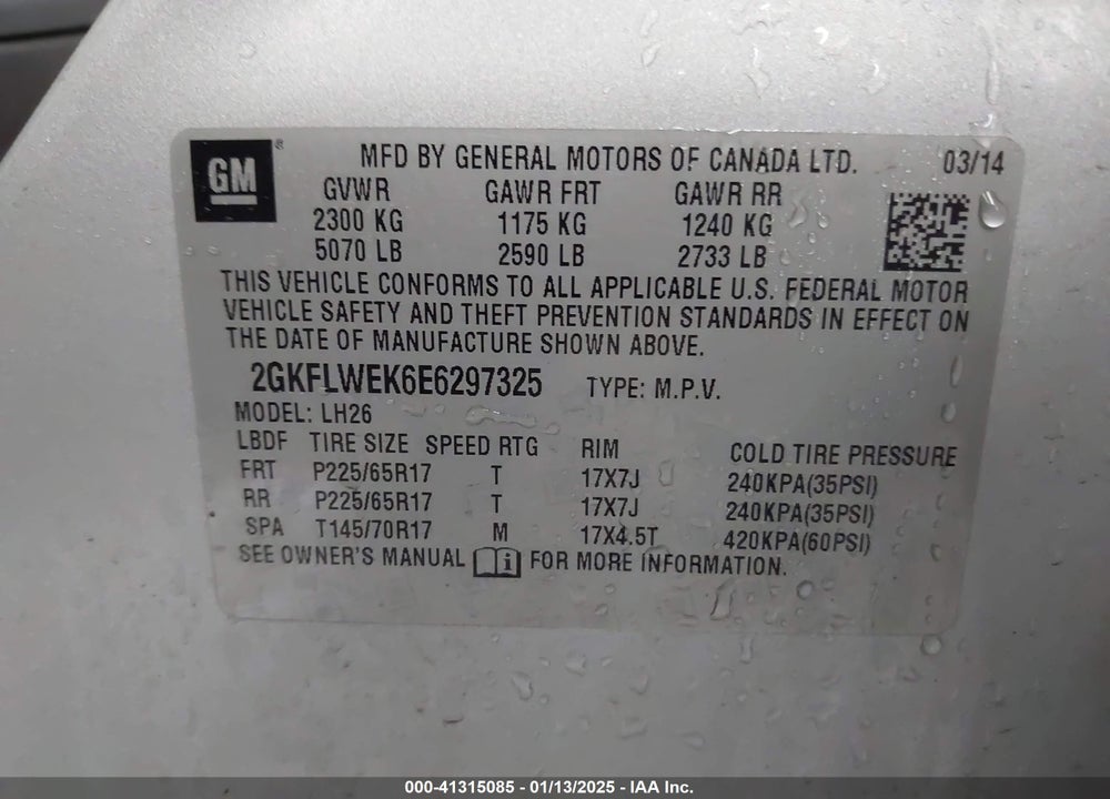 2014 GMC TERRAIN SLE-2 VIN: 2GKFLWEK6E6297325