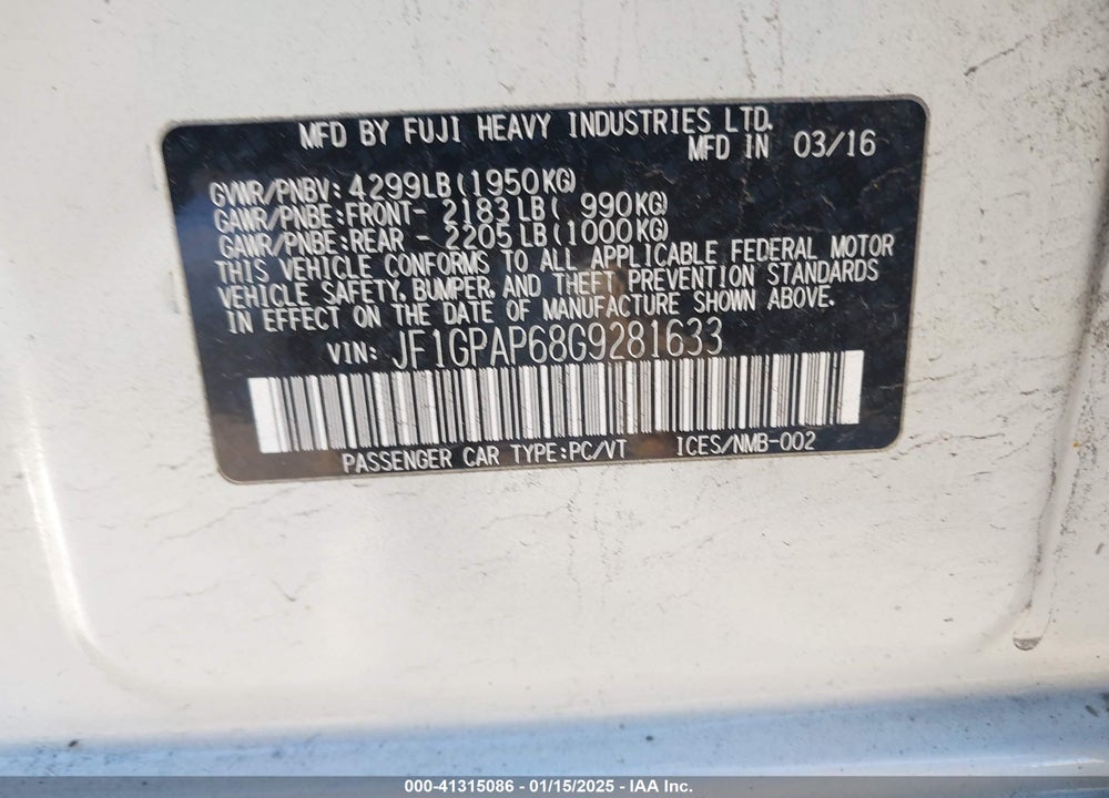 2016 SUBARU IMPREZA WAGON VIN: JF1GPAP68G9281633