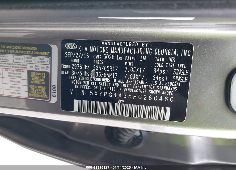 2017 KIA SORENTO 2.4L L VIN: 5XYPG4A35HG260460