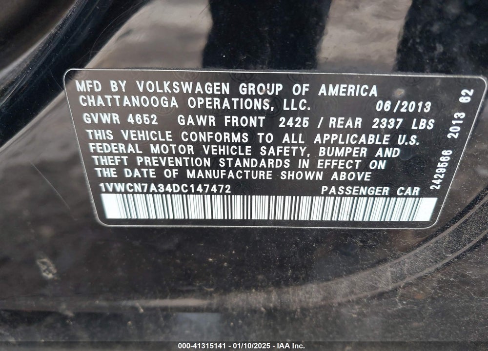2013 VOLKSWAGEN PASSAT 2.0L TDI SEL PREMIUM VIN: 1VWCN7A34DC147472