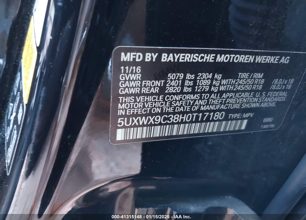 2017 BMW X3 XDRIVE28I VIN: 5UXWX9C38H0T17180