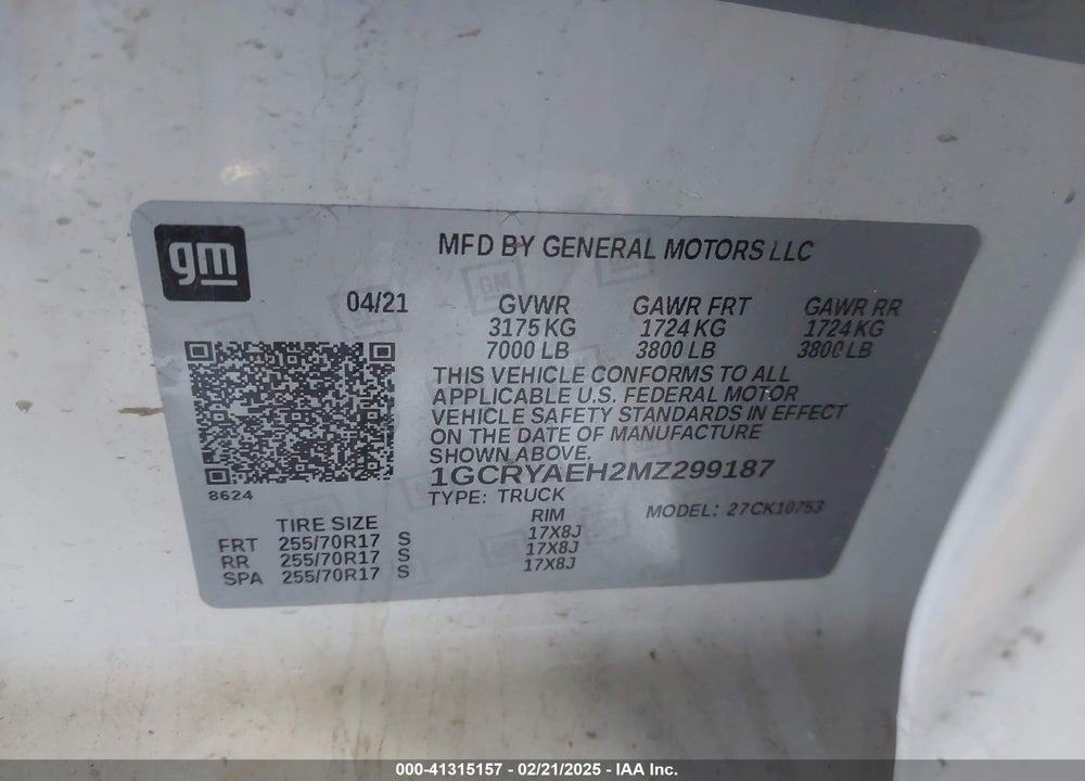 2021 CHEVROLET SILVERADO VIN: 1GCRYAEH2MZ299187
