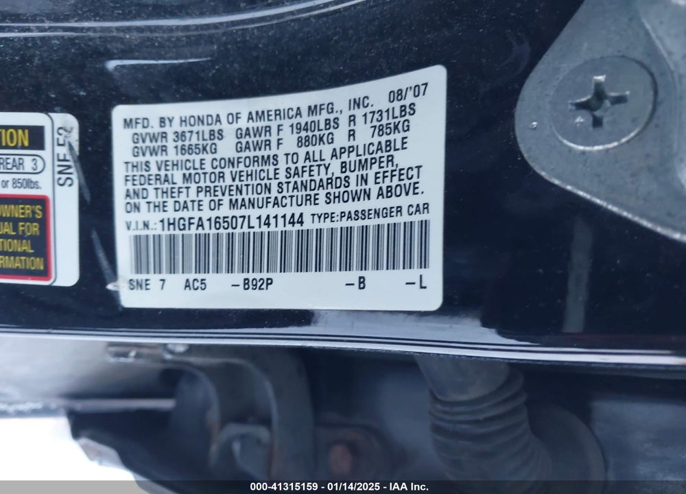 2007 HONDA CIVIC LX VIN: 1HGFA16507L141144