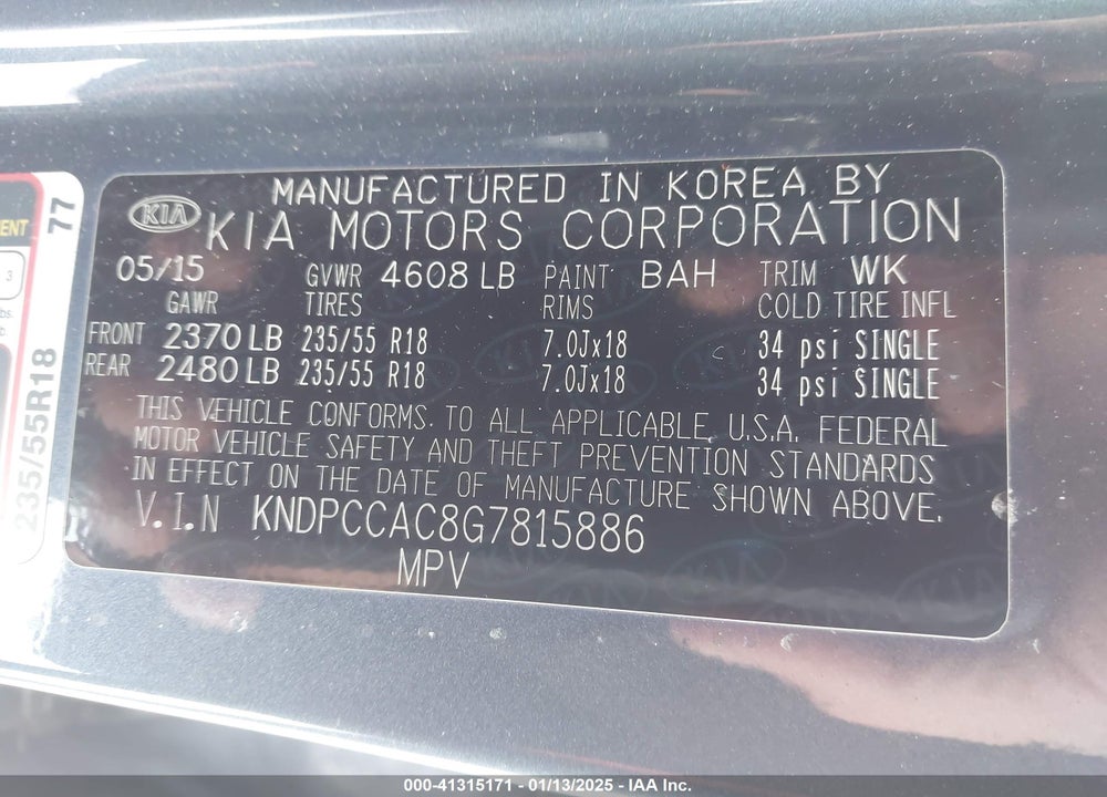 2016 KIA SPORTAGE EX/SX VIN: KNDPCCAC8G7815886