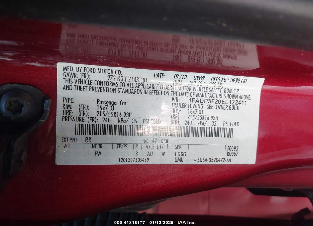 2014 FORD FOCUS VIN: 1FADP3F20EL122411