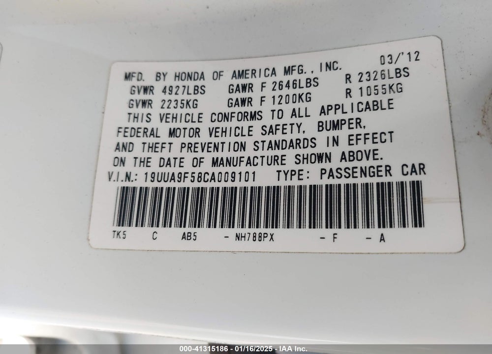 2012 ACURA TL VIN: 19UUA9F58CA009101