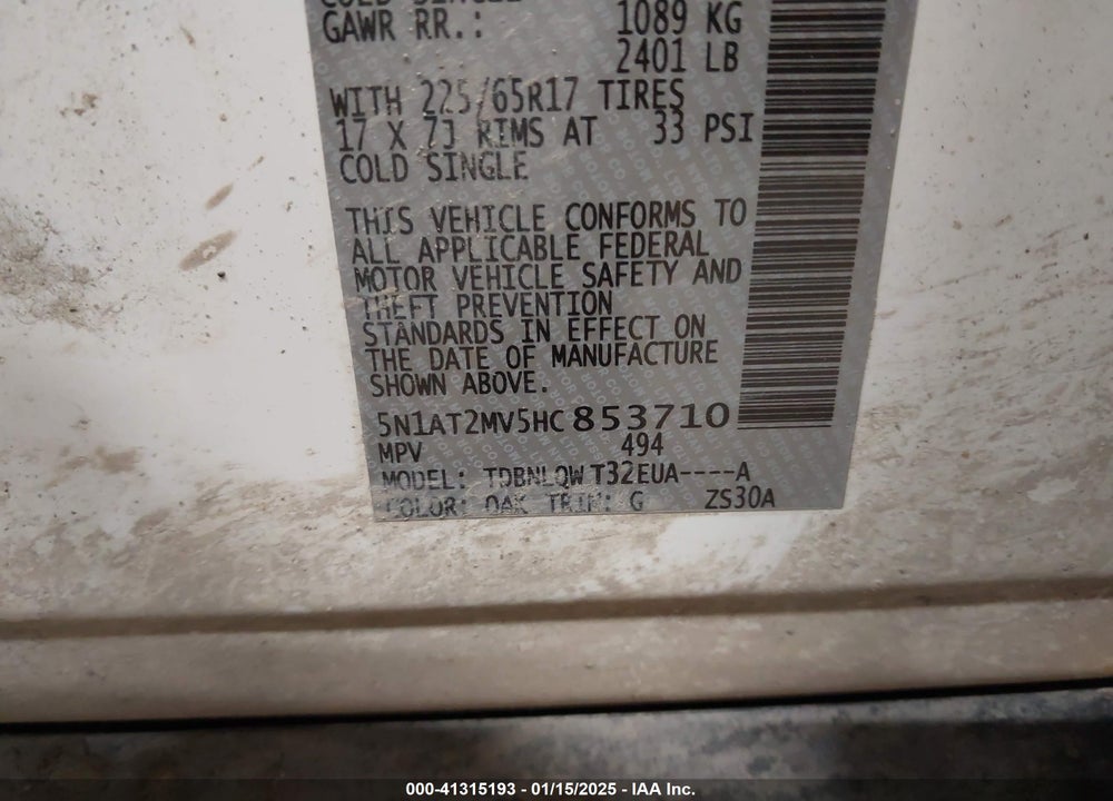 2017 NISSAN ROGUE SV VIN: 5N1AT2MV5HC853710