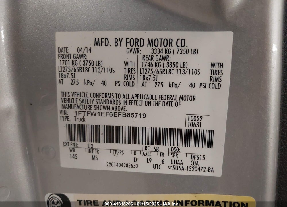 2014 FORD F-150 VIN: 1FTFW1EF6EFB85719