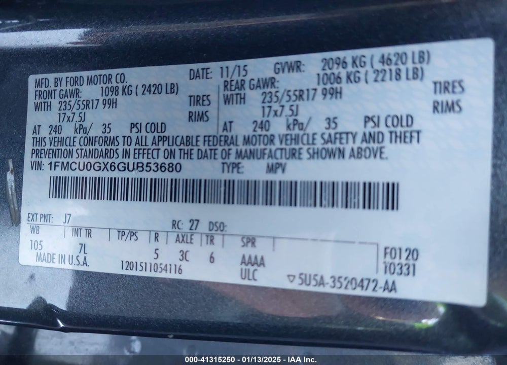 2016 FORD ESCAPE SE VIN: 1FMCU0GX6GUB53680