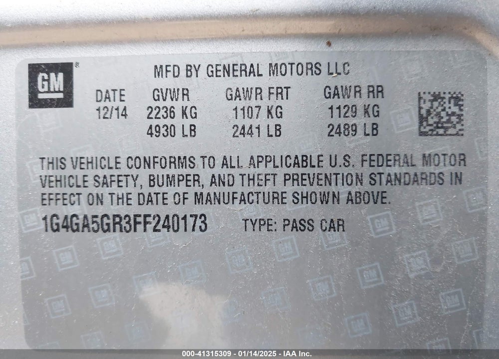 2015 BUICK LACROSSE VIN: 1G4GA5GR3FF240173