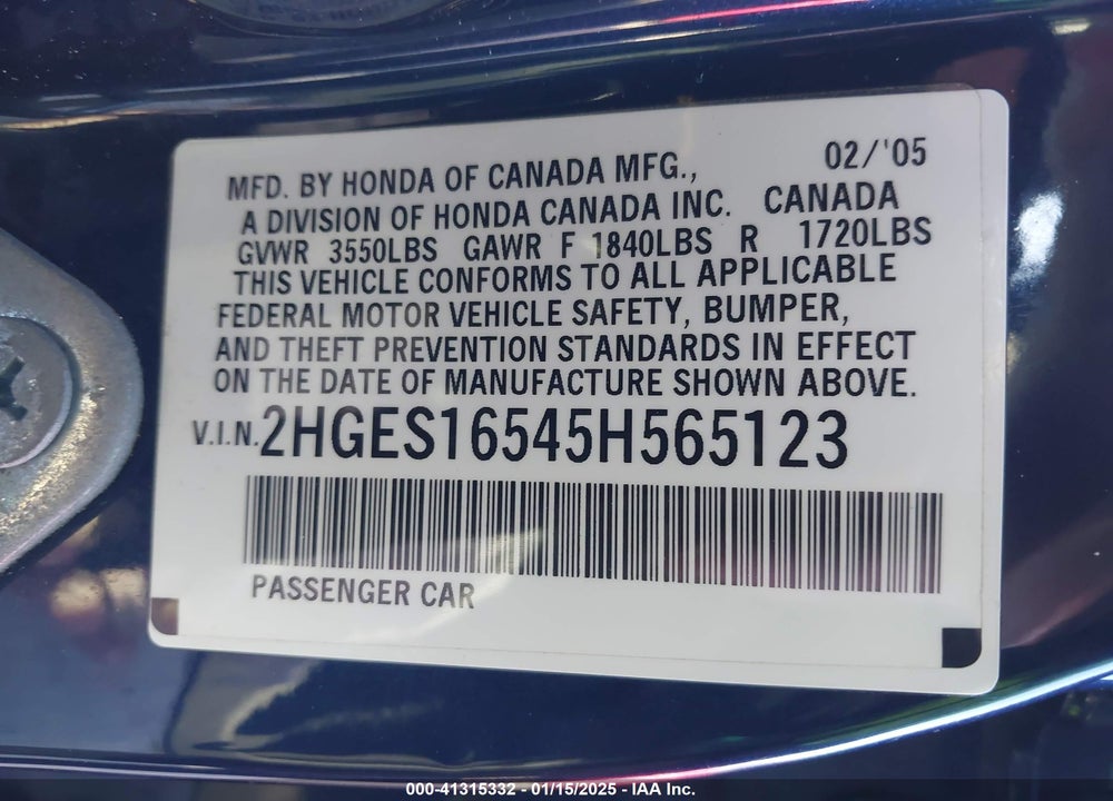 2005 HONDA CIVIC LX VIN: 2HGES16545H565123