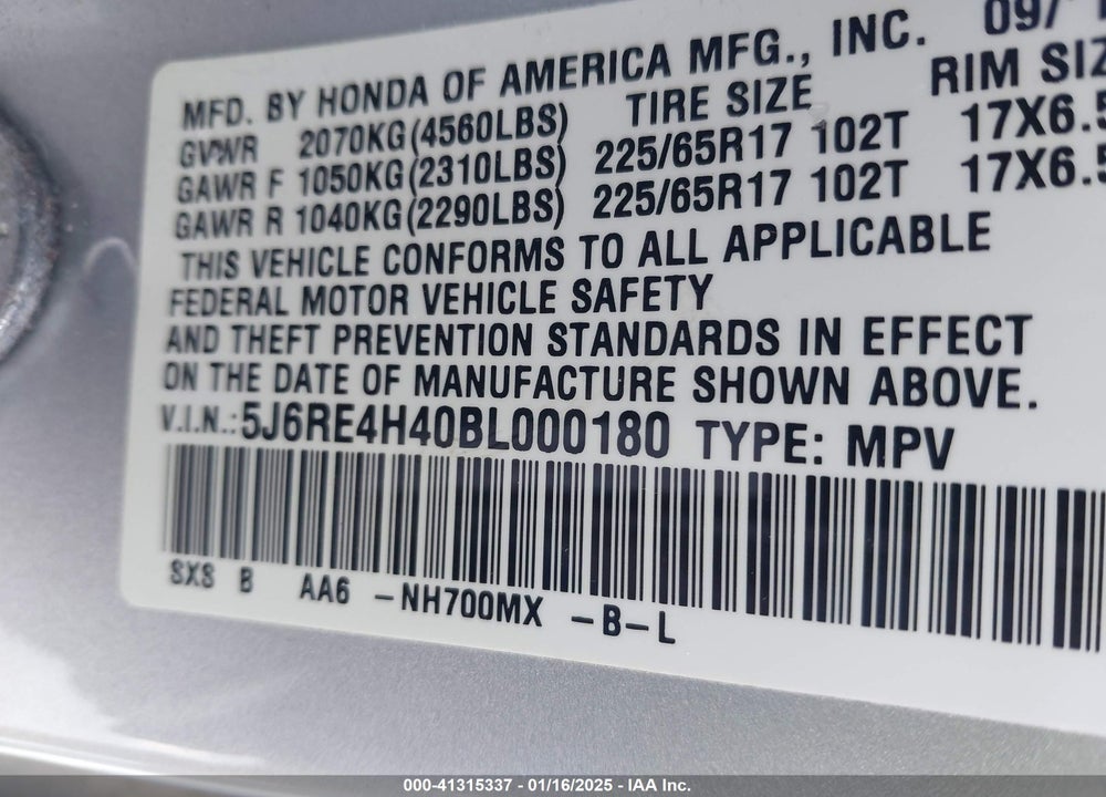 2011 HONDA CR-V SE VIN: 5J6RE4H40BL000180