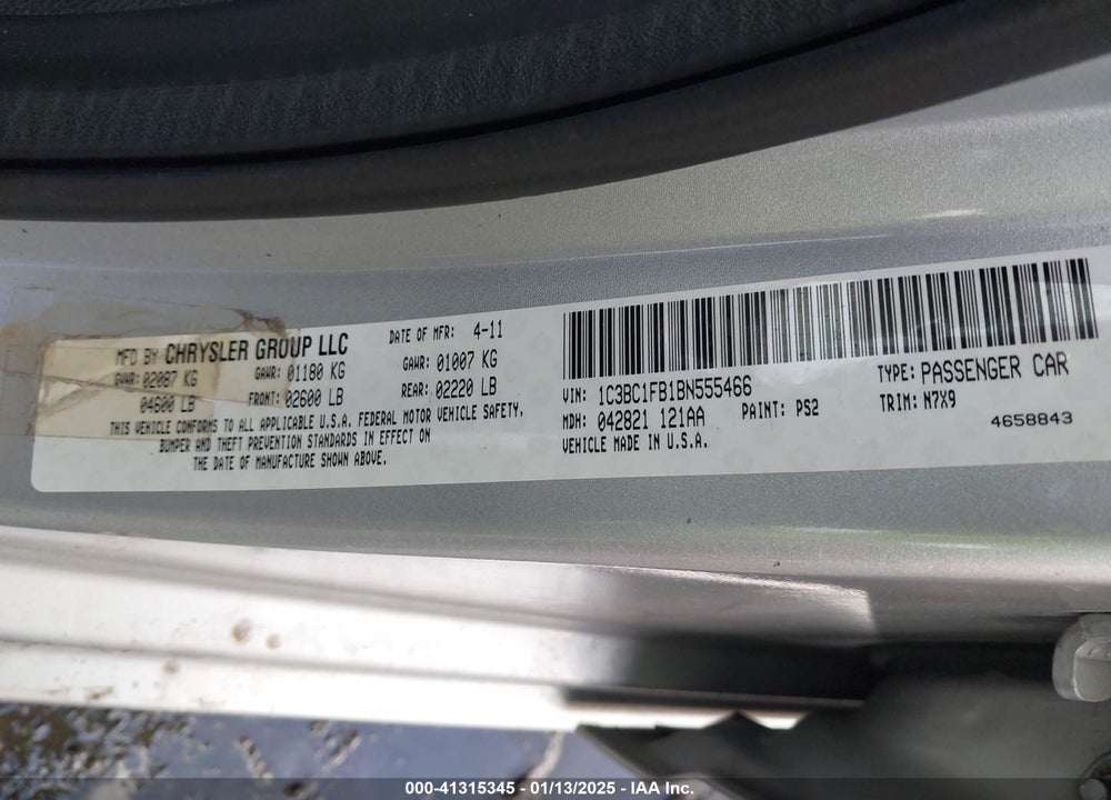 2011 CHRYSLER 200 VIN: 1C3BC1FB1BN555466