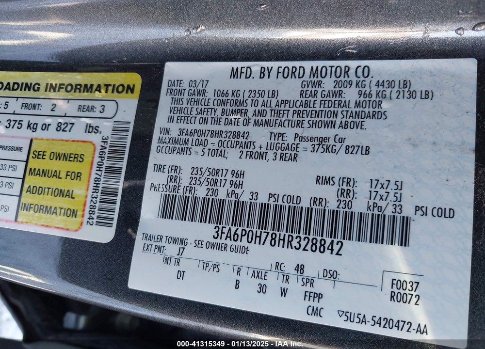 2017 FORD FUSION VIN: 3FA6P0H78HR328842