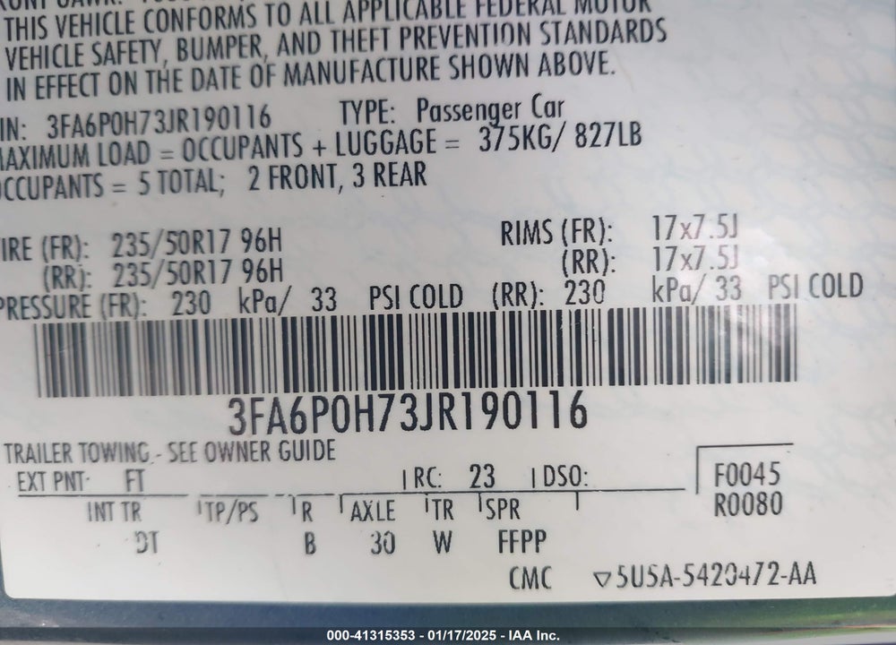 2018 FORD FUSION VIN: 3FA6P0H73JR190116