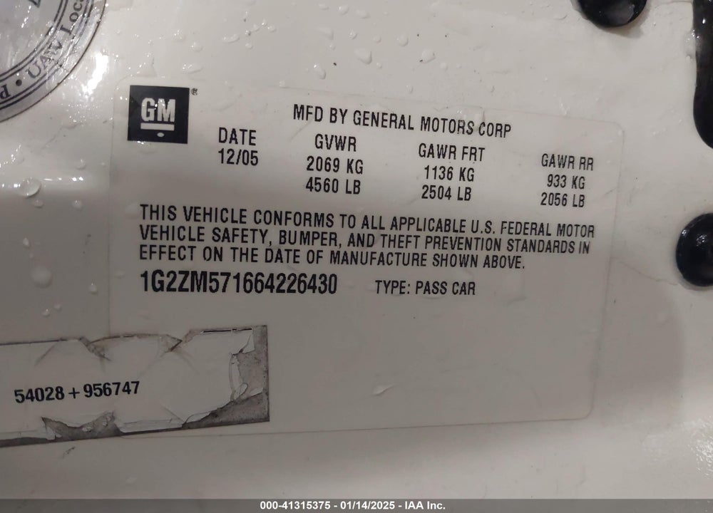 2006 PONTIAC G6 GTP VIN: 1G2ZM571664226430