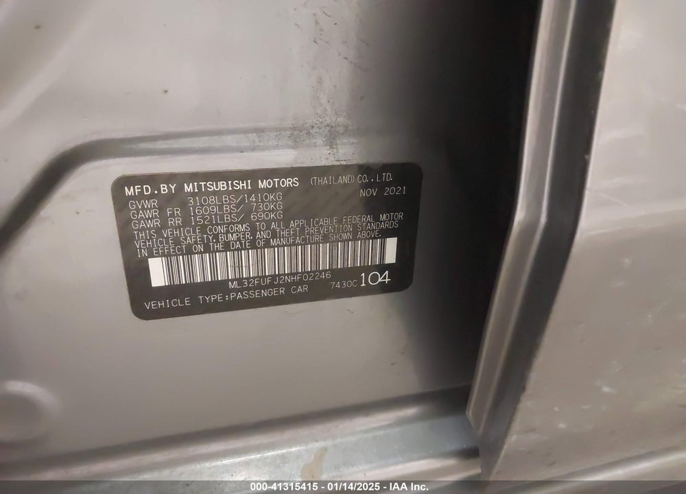 2022 MITSUBISHI MIRAGE G4 LE VIN: ML32FUFJ2NHF02246