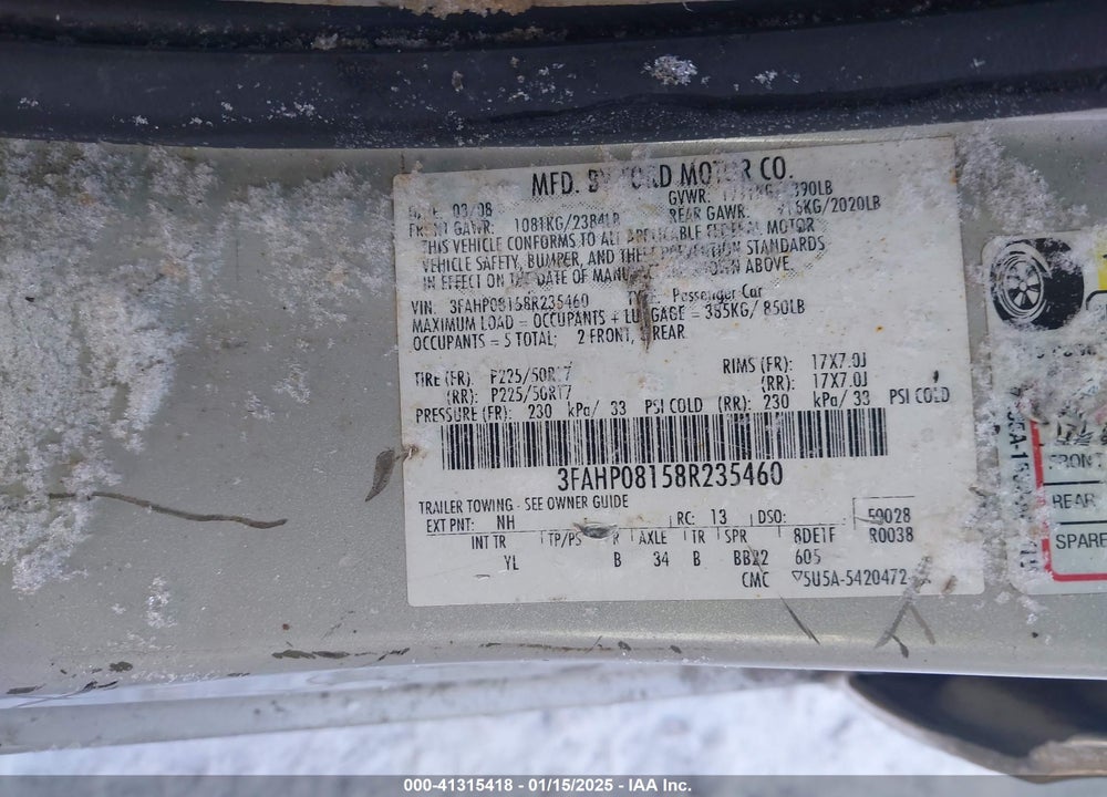 2008 FORD FUSION SEL VIN: 3FAHP08158R235460