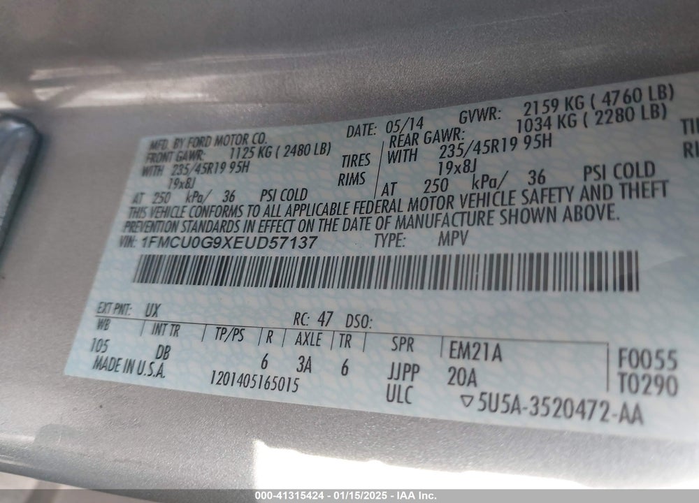 2014 FORD ESCAPE SE VIN: 1FMCU0G9XEUD57137
