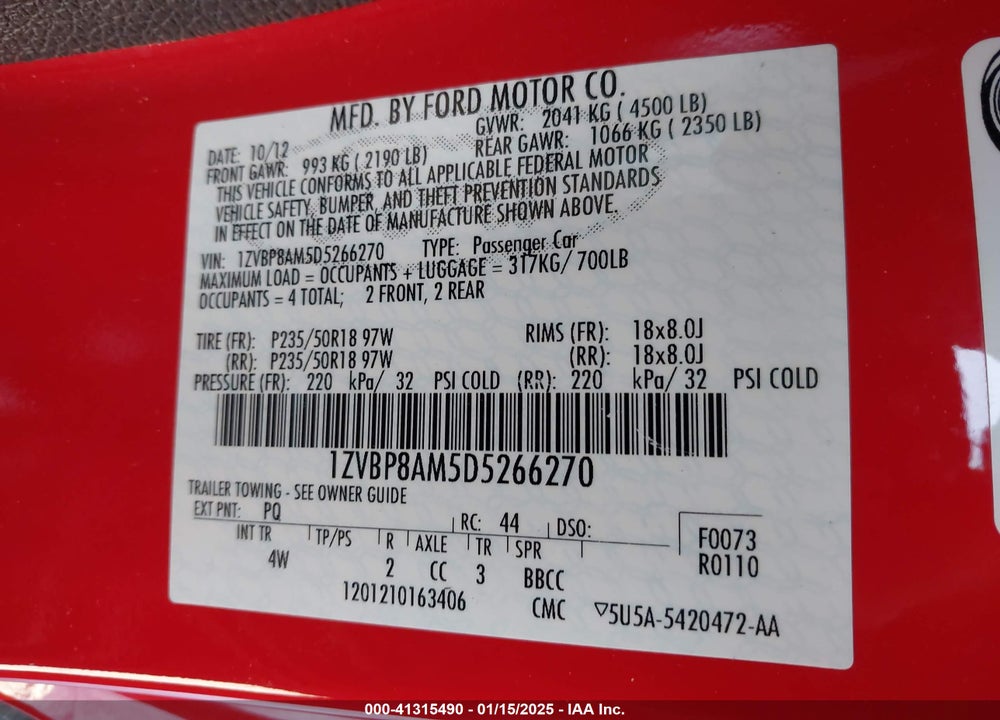 2013 FORD MUSTANG VIN: 1ZVBP8AM5D5266270