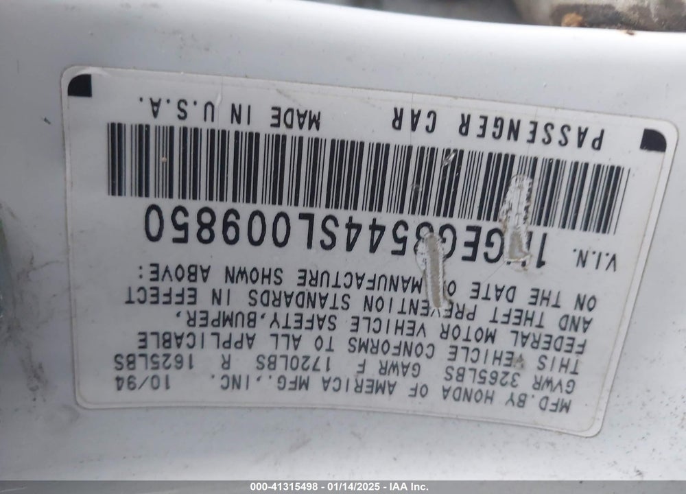 1995 HONDA CIVIC DX/LX VIN: 1HGEG8544SL009850