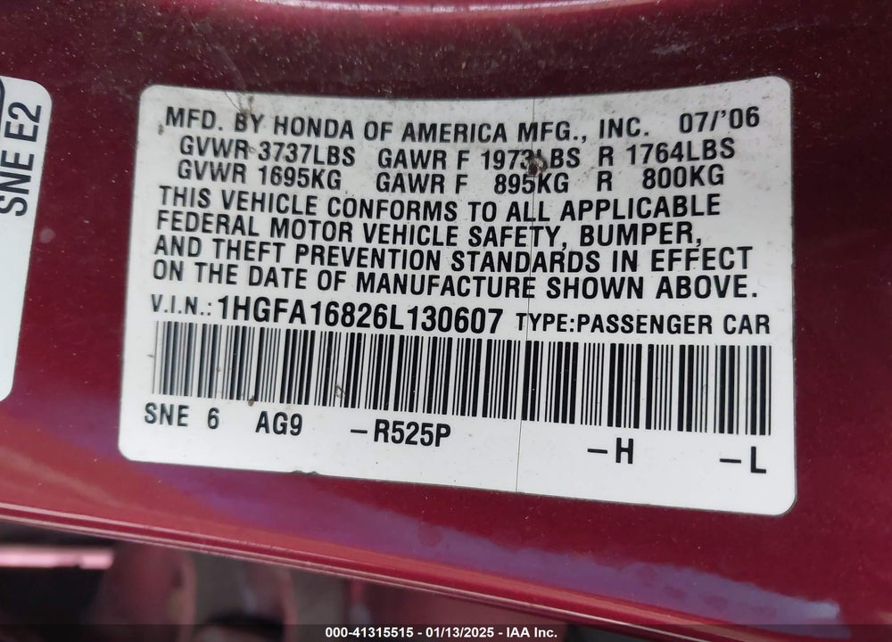 2006 HONDA CIVIC EX VIN: 1HGFA16826L130607