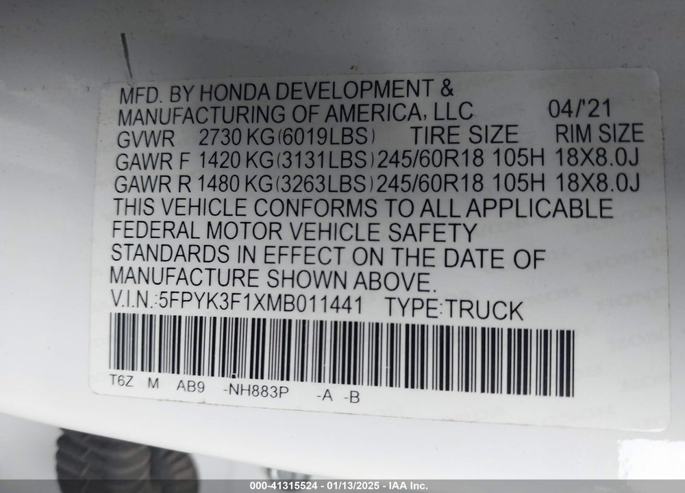 2021 HONDA RIDGELINE AWD SPORT VIN: 5FPYK3F1XMB011441