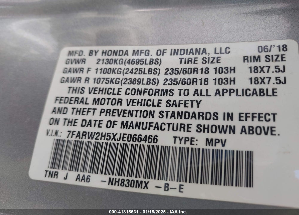 2018 HONDA CR-V VIN: 7FARW2H5XJE066466