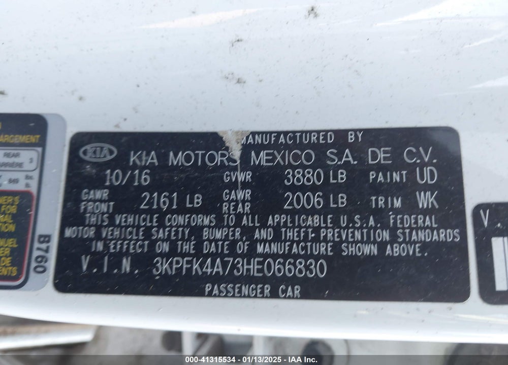 2017 KIA FORTE VIN: 3KPFK4A73HE066830