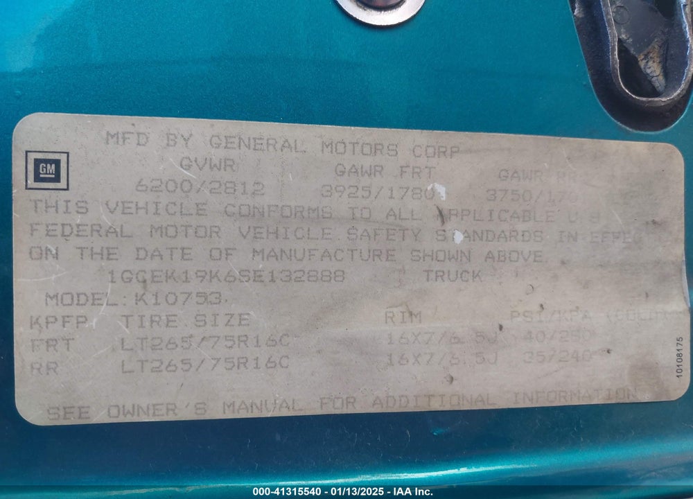 1995 CHEVROLET GMT-400 K1500 VIN: 1GCEK19K6SE132888