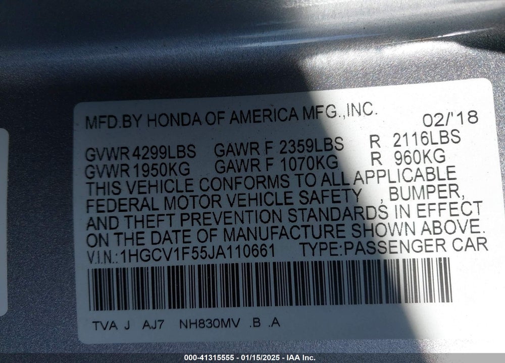 2018 HONDA ACCORD EX-L VIN: 1HGCV1F55JA110661