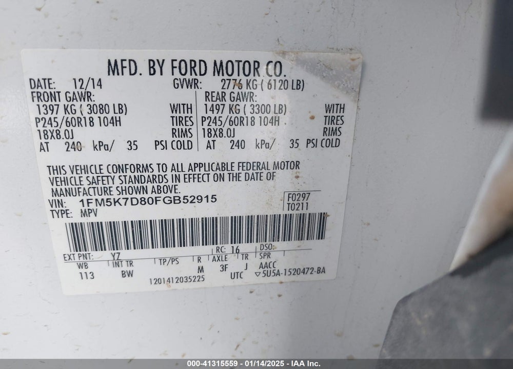2015 FORD EXPLORER XLT VIN: 1FM5K7D80FGB52915