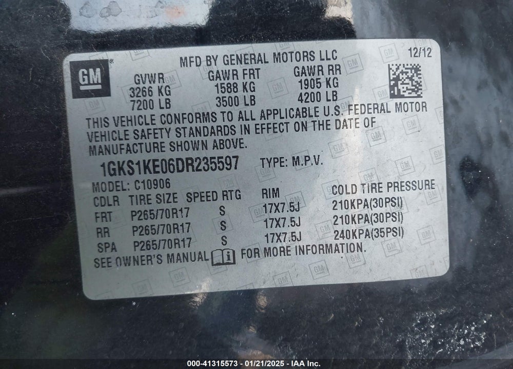 2013 GMC YUKON XL VIN: 1GKS1KE06DR235597