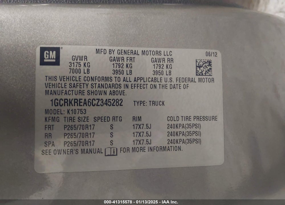 2012 CHEVROLET SILVERADO 1500 VIN: 1GCRKREA6CZ345282