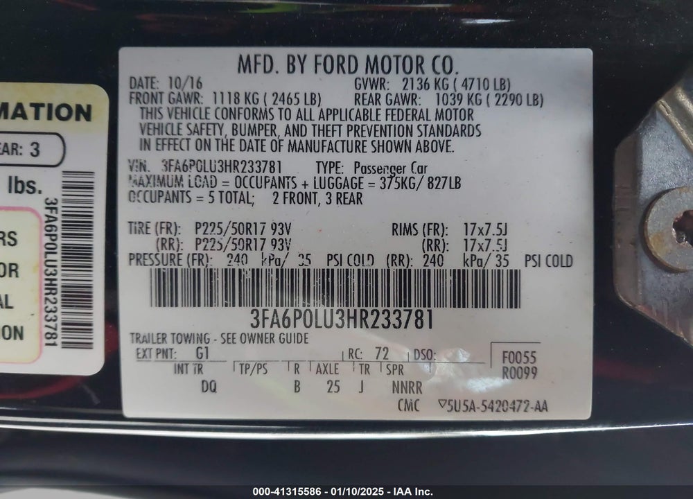 2017 FORD FUSION HYBRID SE VIN: 3FA6P0LU3HR233781