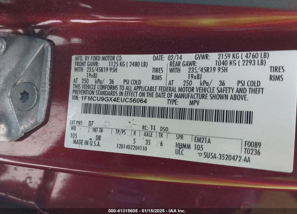 2014 FORD ESCAPE SE VIN: 1FMCU9GX4EUC56064